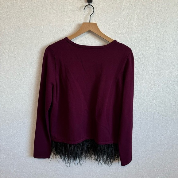 Milly Ostrich Feather Trim Crew Neck Pullover Sweater Burgundy Red Purple L - Picture 5 of 10